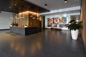 Lobby with dark Modena flooring and zinc strips