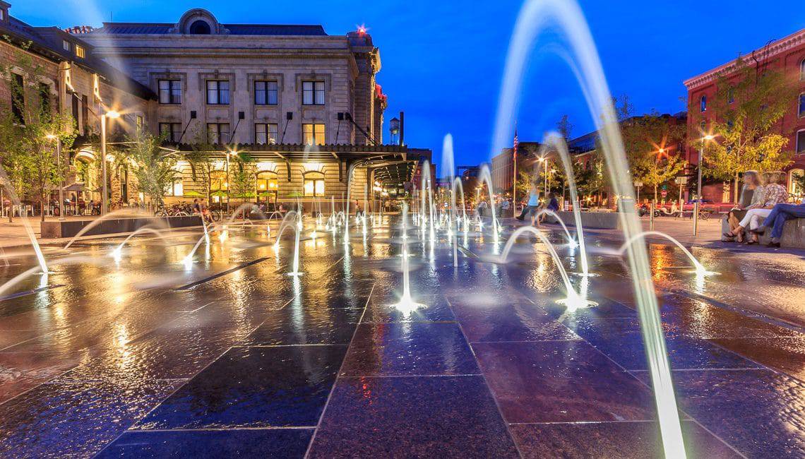Denver Union Station Water Feature with lights and pop jets