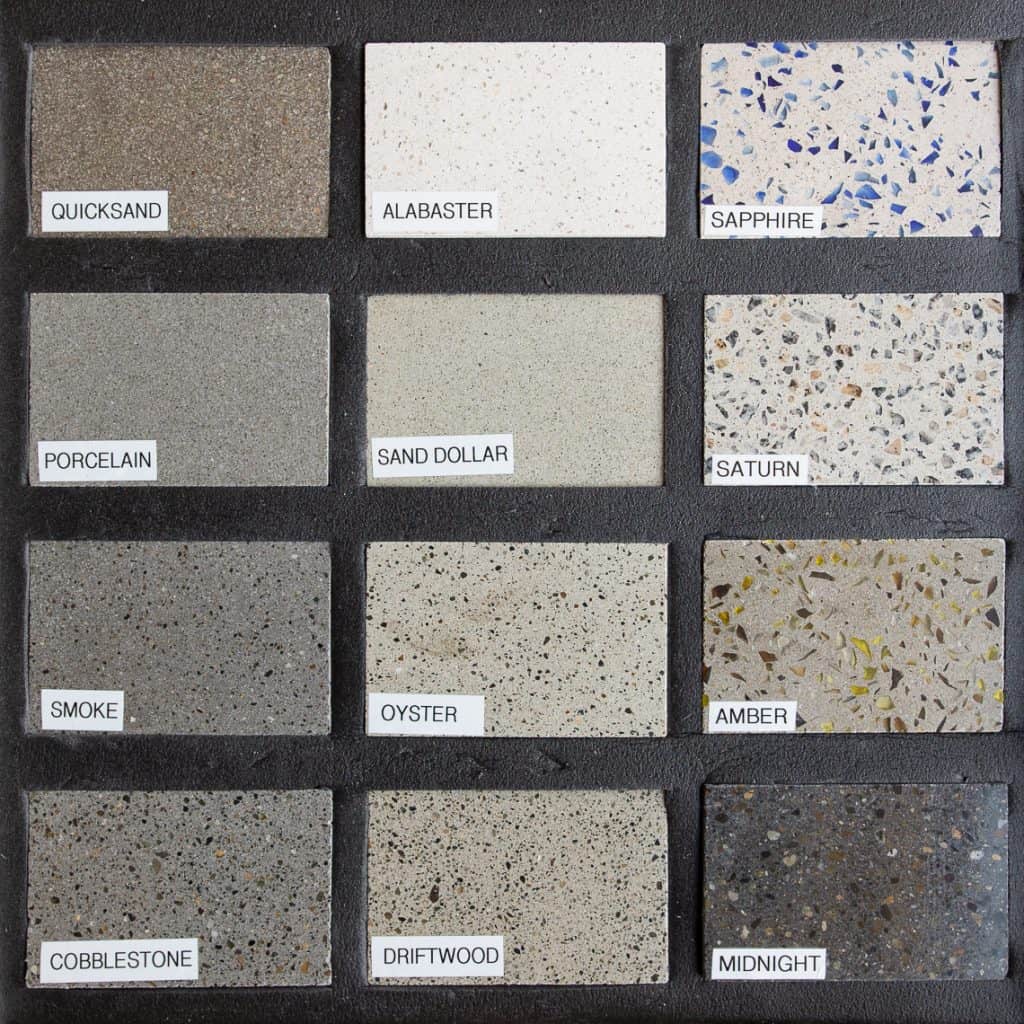 Modena polished overlay, cement based terrazzo sample box.