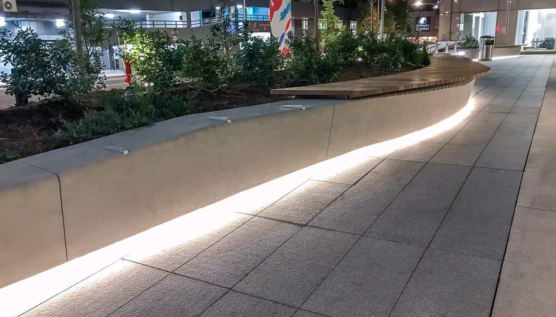 Sandscape Refined benches with lights Republic Plaza in Denver, Colorado.